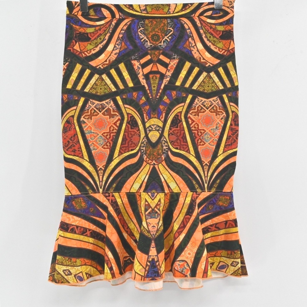 Torn by Ronny Kobo Trumpet Flounce Skirt Womens‎ Size S Orange Geometric Print
